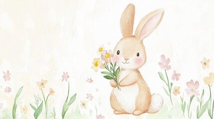 A cute, watercolor-style bunny holds flowers, surrounded by soft pastel blooms in a serene meadow.