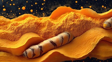 Obraz premium Close-up of bright orange turmeric powder with fresh turmeric roots surrounded by vibrant flowing curves of turmeric skin against a black background