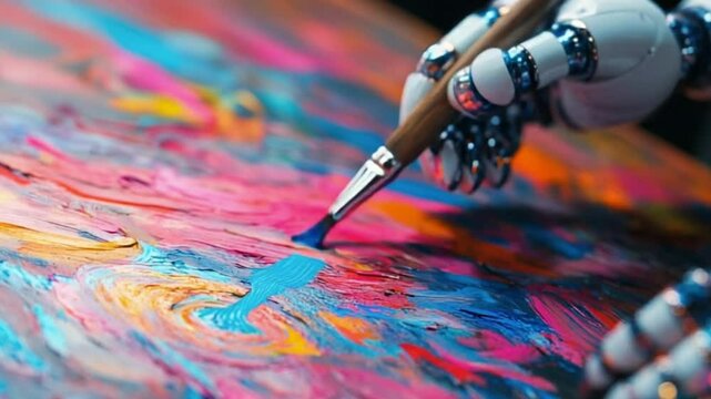A robotic hand painting with vibrant colors on a textured canvas.