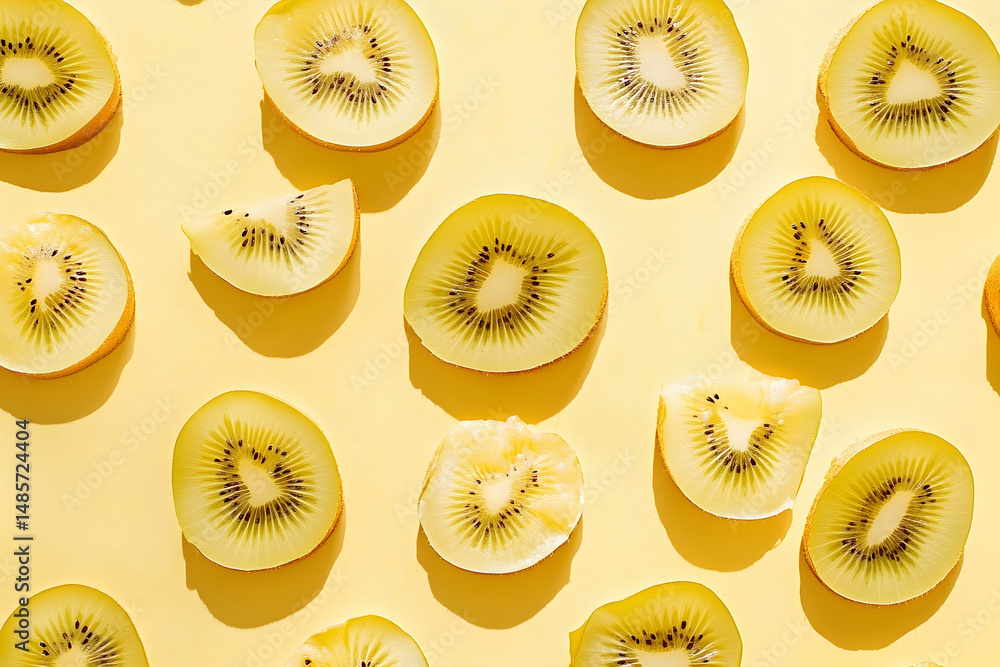 Poster sliced kiwi patterns on a yellow background.