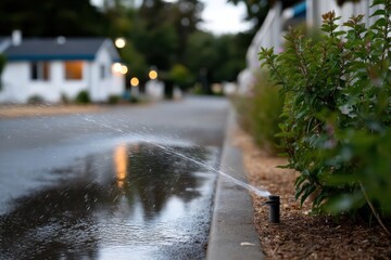 A dynamic image of a water sprinkler in action, creating droplets over a garden, symbolizing life, growth, and the nurturing aspect of maintaining a flourishing outdoor space.