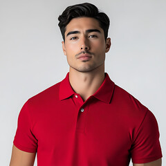 Obraz premium A striking portrait of a man in a vibrant red polo shirt against a neutral backdrop, looking directly forward.