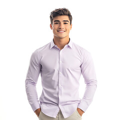 Smiling man in a lavender collared shirt and tan pants looking directly at the camera with his hands in his pockets.