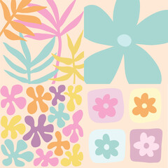 Fototapeta premium Set of summer cards with abstract leaves, flower, coral reefs, and colorful flowers plant. Modern art minimalist style design templates for celebration, ads, branding, banner, cover, label, poster