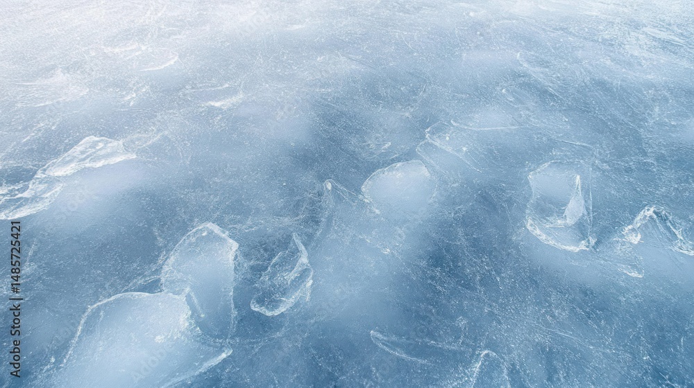 Poster close-up view of frozen ice surface with translucent cracks and smooth, textured patterns under cold