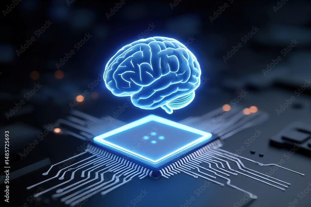 Poster glowing blue brain floating above advanced computer chip representing artificial intelligence and mo