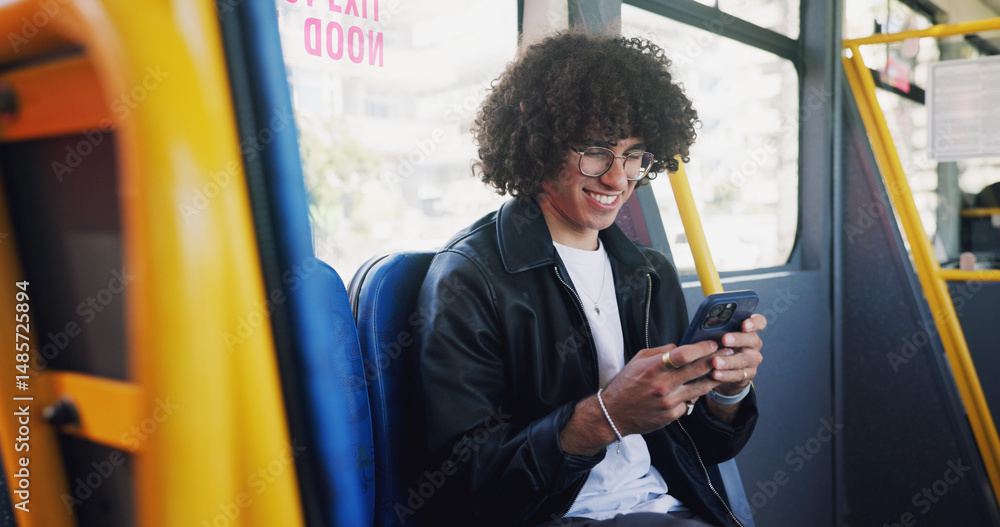Poster Cellphone, smile and man on bus online for checking university exam results on mobile app with travel. Phone, college and male student reading acceptance email on public transportation in city.