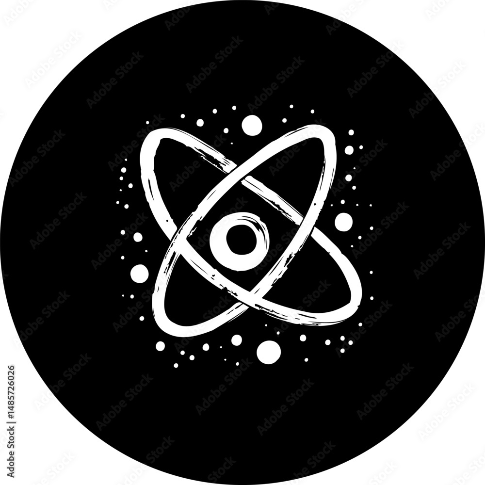 Aufkleber abstract atom representation on a circular black backdrop with scattered dots