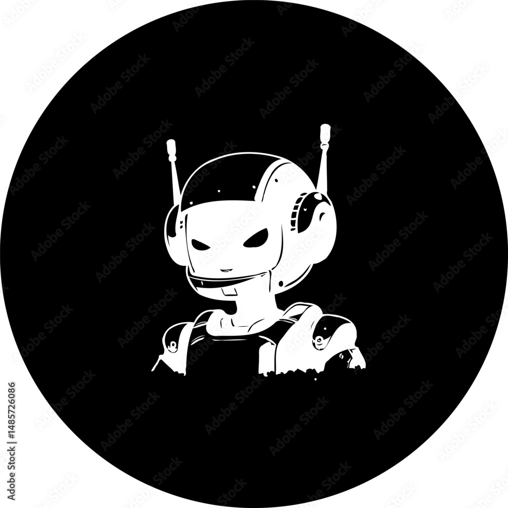 Poster monochromatic depiction of a stylized robot head and upper torso within a circle