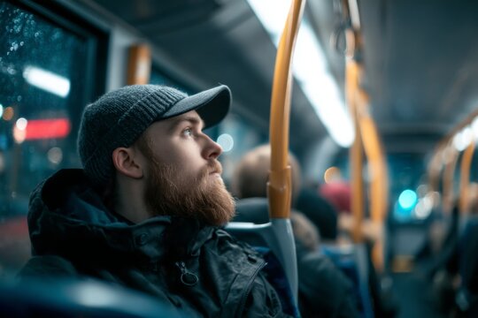 Pensive Caucasian man rides bus in city, looking out rain-streaked window at blurred streetlights on dark evening