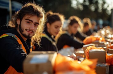 Young man smiling while sorting packages at a busy outdoor parcel distribution line with team members working focused in the background