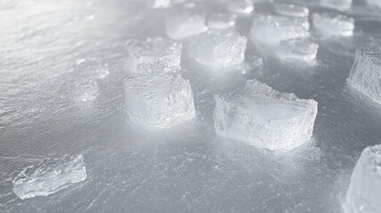 Obraz premium Close-up of irregular translucent ice cubes melting on a smooth wet surface with soft lighting