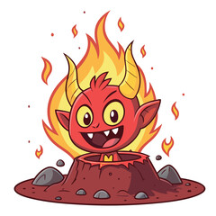 A comical cartoon fire demon emerges from a bubbling lava pit, flames swirling around its head.  Detailed illustration needed.