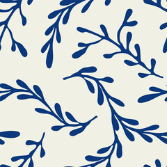 Coral seamless pattern background in vintage style in blue colors. Matisse-inspired modern abstract organic algae background. Vector design for textile, wrapping paper, greeting cards.