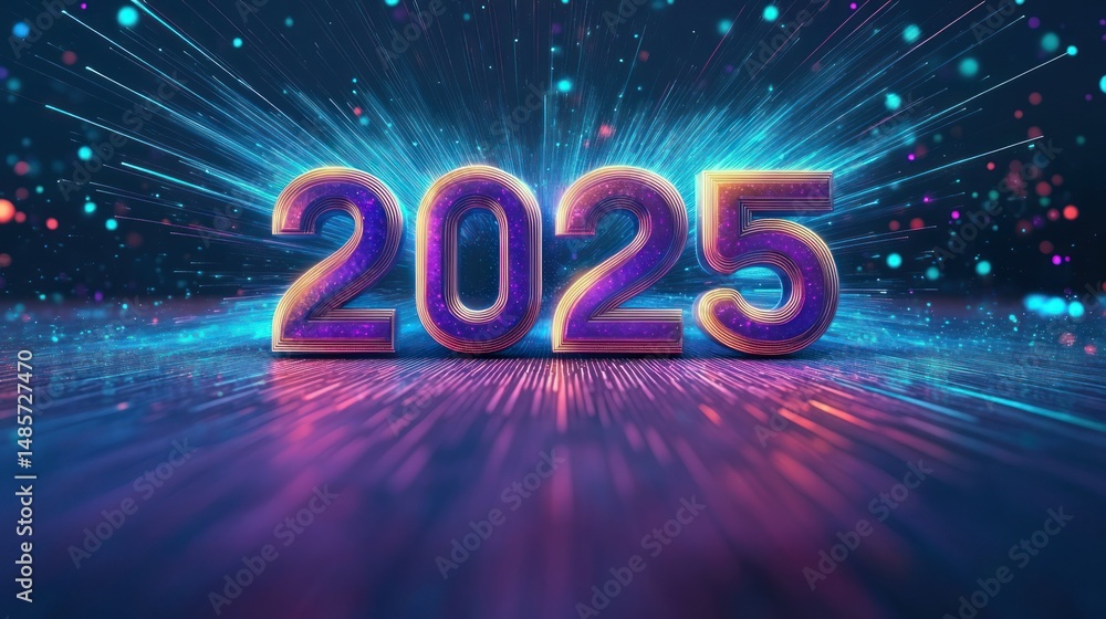 Poster bright glowing numbers 2025 with futuristic neon light trails and sparkling floating particles on a 