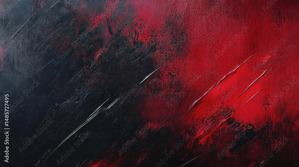 Poster abstract textured painting with dark black and vivid red colors blending with sharp streaks creating