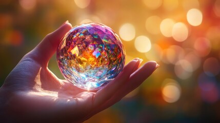 Fototapeta premium A Hand Holding a Crystal Ball, Reflecting Warm Lights