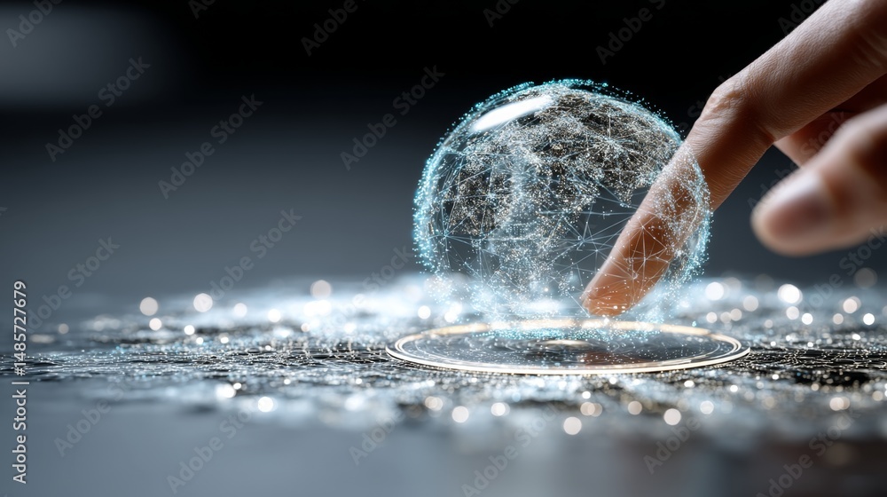 Aufkleber futuristic technology concept with hand interacting with digital sphere and network connection