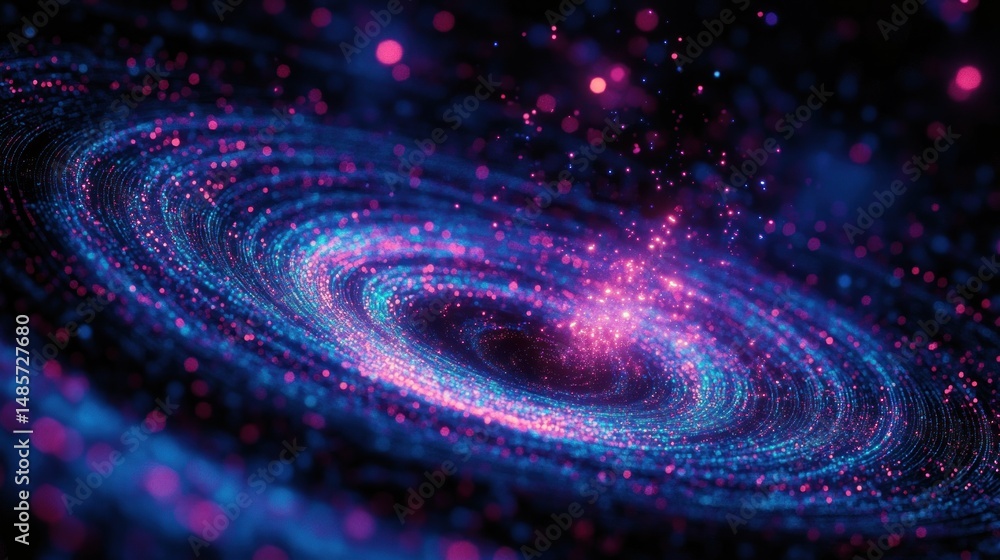 Poster vibrant digital swirl of glowing blue and pink particles forming a spiral galaxy-like abstract patte