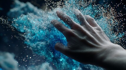 Fototapeta premium Human Hand Reaching Out to Ethereal Particles of Light and Color in a Dreamlike Cosmic Environment