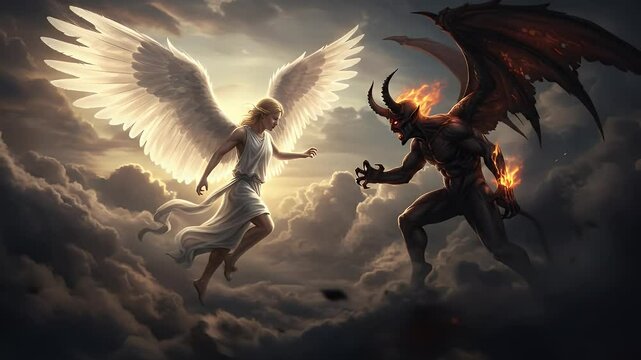 Angel Facing Demon in Dramatic Cloudscape Fantasy