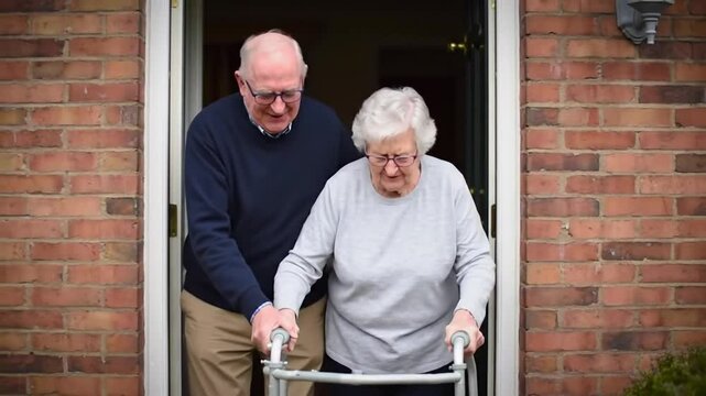 Caretaker Assisting Senior Woman with Walker Near Brick House Doorway with Supportive Interaction Affection and Warmth in Eye Level Warm Tones Shot