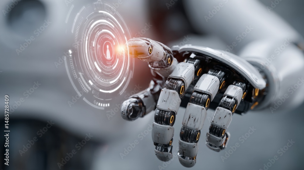 Aufkleber futuristic robotic hand interacting with digital interface and glowing touchscreen technology in mod