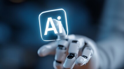 Robotic hand holding glowing artificial intelligence symbol in futuristic technology environment with blue tones and soft focus