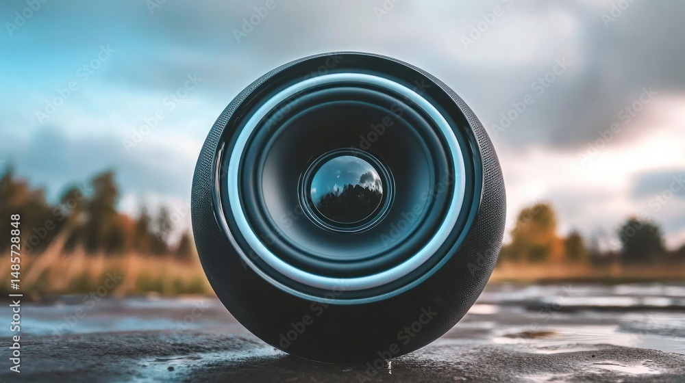 Poster close-up view of a sphere-shaped speaker.