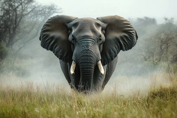 Naklejka premium Majestic elephant with large ears standing in tall grass surrounded by mist and sparse trees during daytime