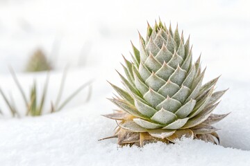 Winter's touch on a pine branch reveals a snow-covered cone, a natural Christmas decoration in the evergreen forest