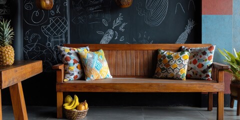 Wooden bench with colorful cushions against a chalk board wall