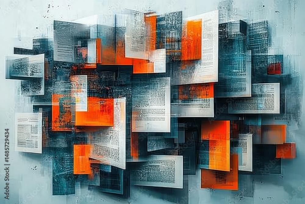 Poster abstract composition of layered translucent pages with text in white, orange, and blue tones creatin