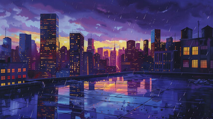 Rainy cityscape with lit windows and purple night sky