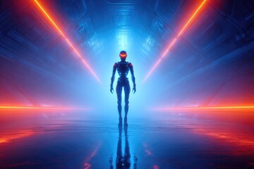 Fototapeta premium Futuristic robot figure in glowing neon tunnel.