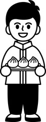 black and white icon of a chinese boy in traditional clothing holding a steamed buns