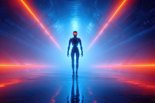 Futuristic robot figure in glowing neon tunnel.