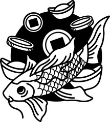 black and white icon of Koi fish and ancient Chinese money