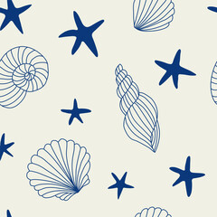 Summer tropical seamless tile pattern with shells sea stars. Trendy hand drawn art background. Surface cover design. Fabric textile print.