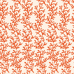 Halfdrop repeat pattern with interwined seaweed abstract floral design elements. Trendy peach fuzz, nautical blue colors. Seamless texture in hipster style for beach swimsuit, female active wear