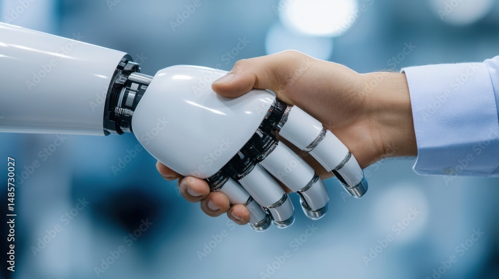 Poster human and robot handshake signifying cooperation and technology integration in society
