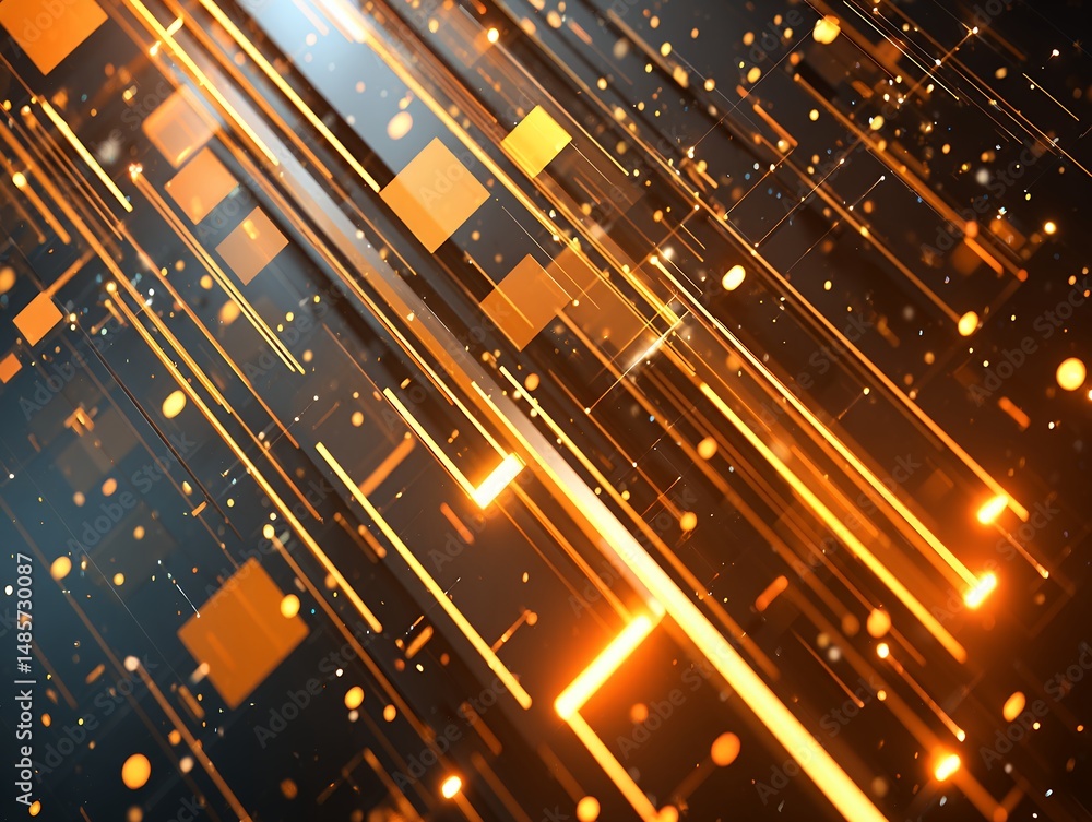 Poster abstract orange and golden geometric background with dynamic lines and glowing squares