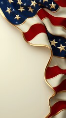 Dramatic depiction of an American flag draped with golden accents against cream background