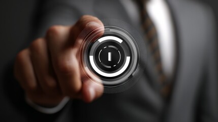 Businessman in Suit Touching Digital Interface with Circular Icon in Futuristic Design for Technology Concept