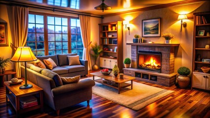 Cozy Living Room Fireplace TV Tilt-Shift Photo - Miniature Home Interior Design