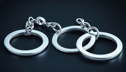 Close-up of three linked shiny silver metal rings on a dark surface, symbolizing connection and unity