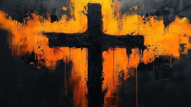 Bold black cross with dripping edges painted on a textured background of bright orange and dark black, evoking strong contrast and dramatic intensity