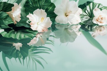  A high-end spa-themed background with mirror-like water and rich green foliage, softly lit by natural daylight. Ideal for beauty and self-care visuals.