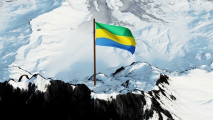 The national flag of Gabon flying proudly atop a snowy mountain peak in ultra-high 4K resolution, symbolizing strength, identity, and patriotism of the African nation.


