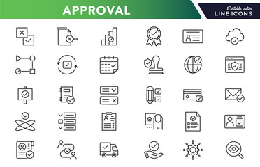 Approval line icon set. Quality Control, business audit, agreement, check, certified, permission, tick, yes, checklist, finance, accept, correct, agree, outline vector icon. UI thin outline icon pack